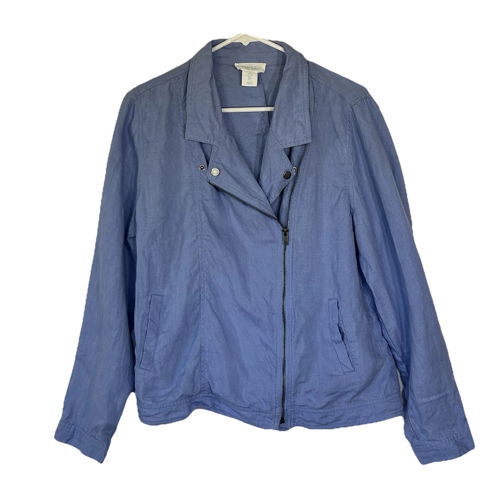 Cynthia Rowley Linen Moto Jacket Women L Asymmetrical Blue Lightweight Full Zip
